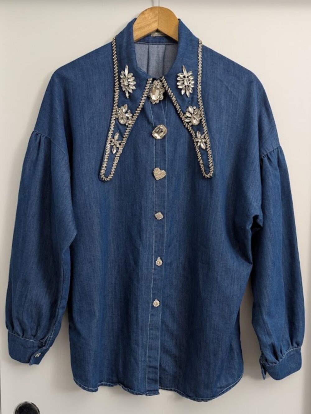 Rhinestone Denim Shirt Crystal Buttons Oversize - Picture 2 of 15